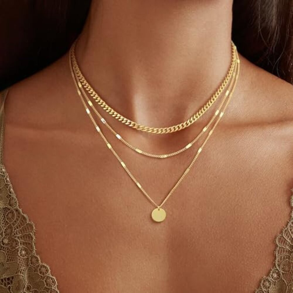 14K Gold Plated Layering Necklaces For Women Gold Necklace Set, Cuban Link